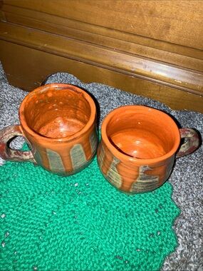 Hand Crafted Orange and Green Drip Ceramic Mugs - Pair